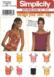 7020 SIMPLICITY DESIGN YOUR 1 OR OFF-SHOULDER, STRAPPY TOP PATTERN 3/4- 15/16 2 SIZES CHOICE